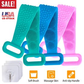 Silicone Back Scrubber Belt For Shower Exfoliating Foaming Body Wash Strap Brush Bristles Massage Dots W/ Adhesive Hook (Option: Blue)